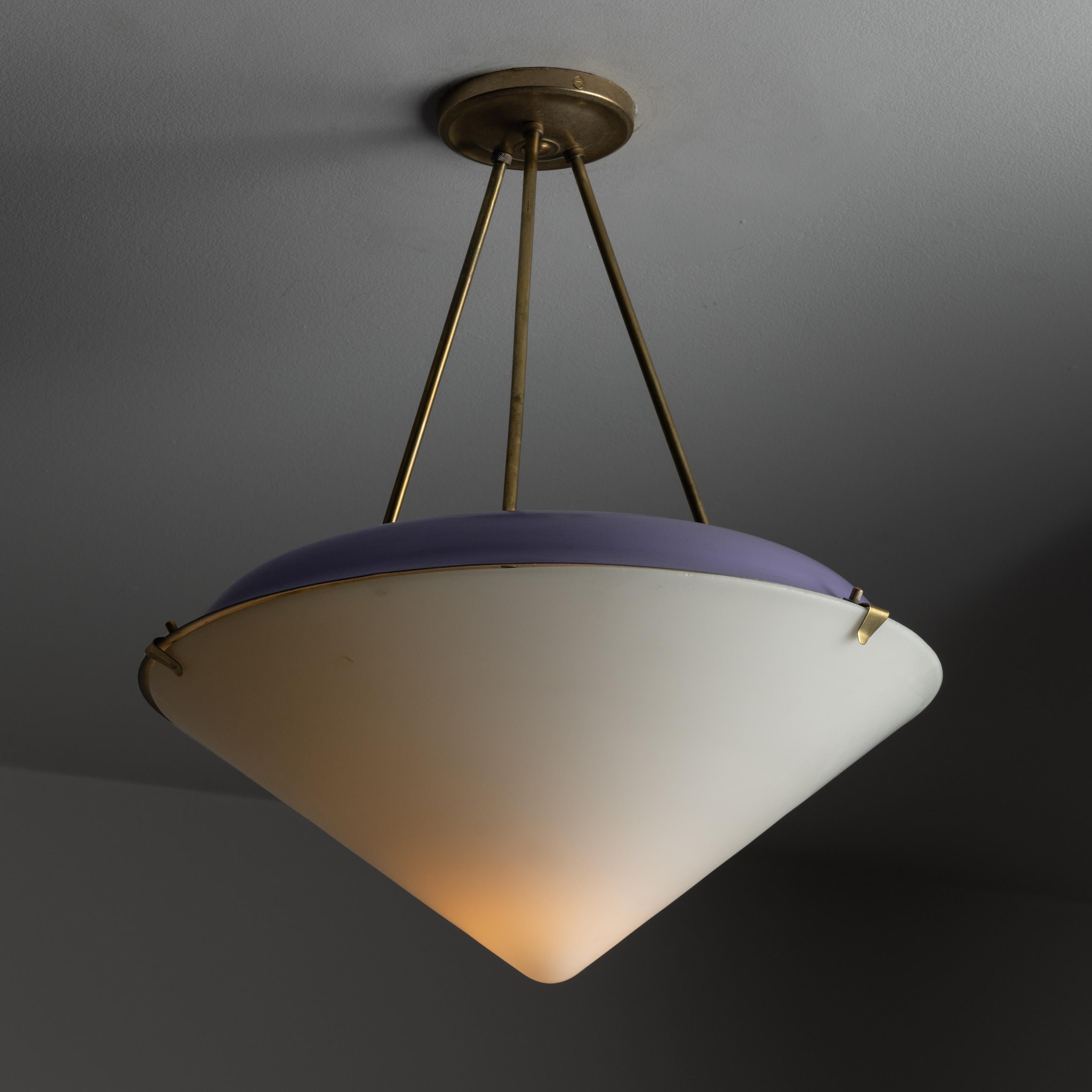 Italian ceiling lights by Stilux. Designed and manufactured in Italy, circa the 1960s. Colorful conical pendants with brass tripod canopy and opaline glass shade. Shade colors are in purple and pink. **GREY IS NOT AVAILABLE, ALREADY SOLD**  We