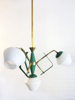 Italian Ceiling Pendant Lamp by Stilnovo in Opaline Glass Green Details & Brass