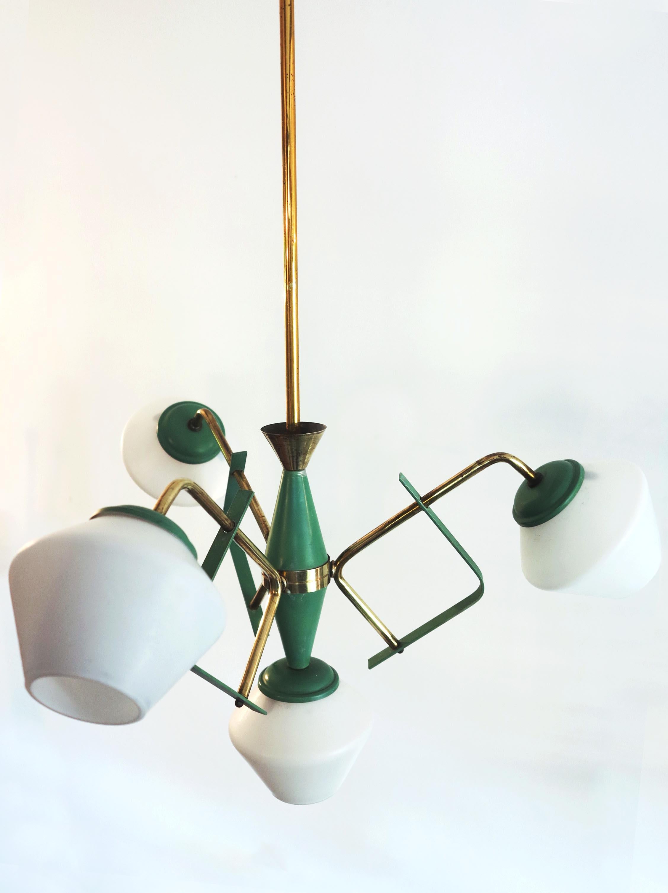 Mid-Century Modern Italian Ceiling Pendant Lamp by Stilnovo in Opaline Glass Green Details & Brass For Sale