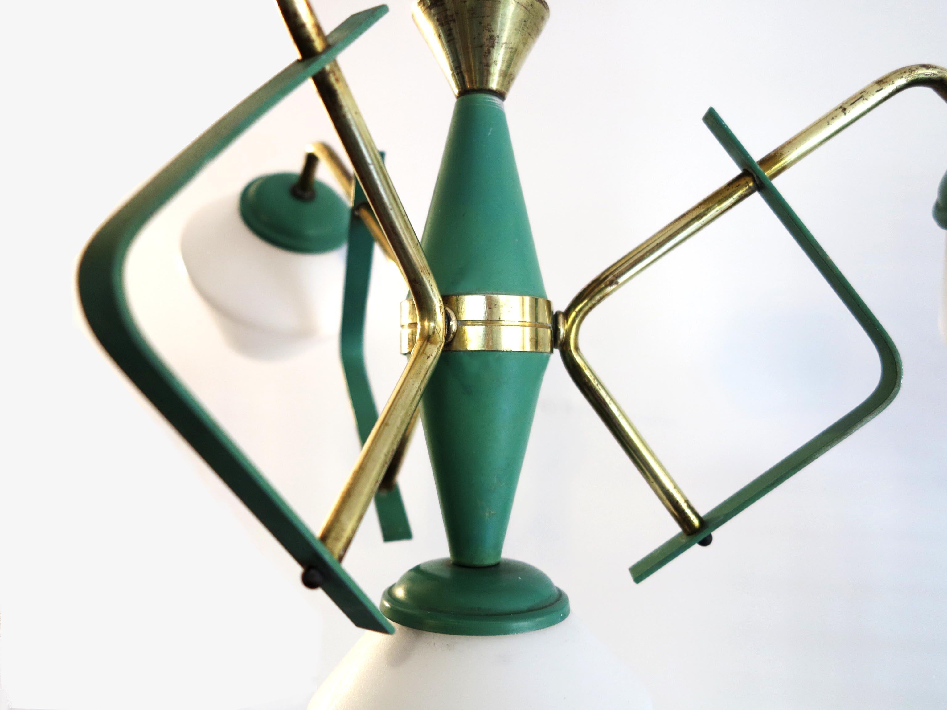 Painted Italian Ceiling Pendant Lamp by Stilnovo in Opaline Glass Green Details & Brass For Sale