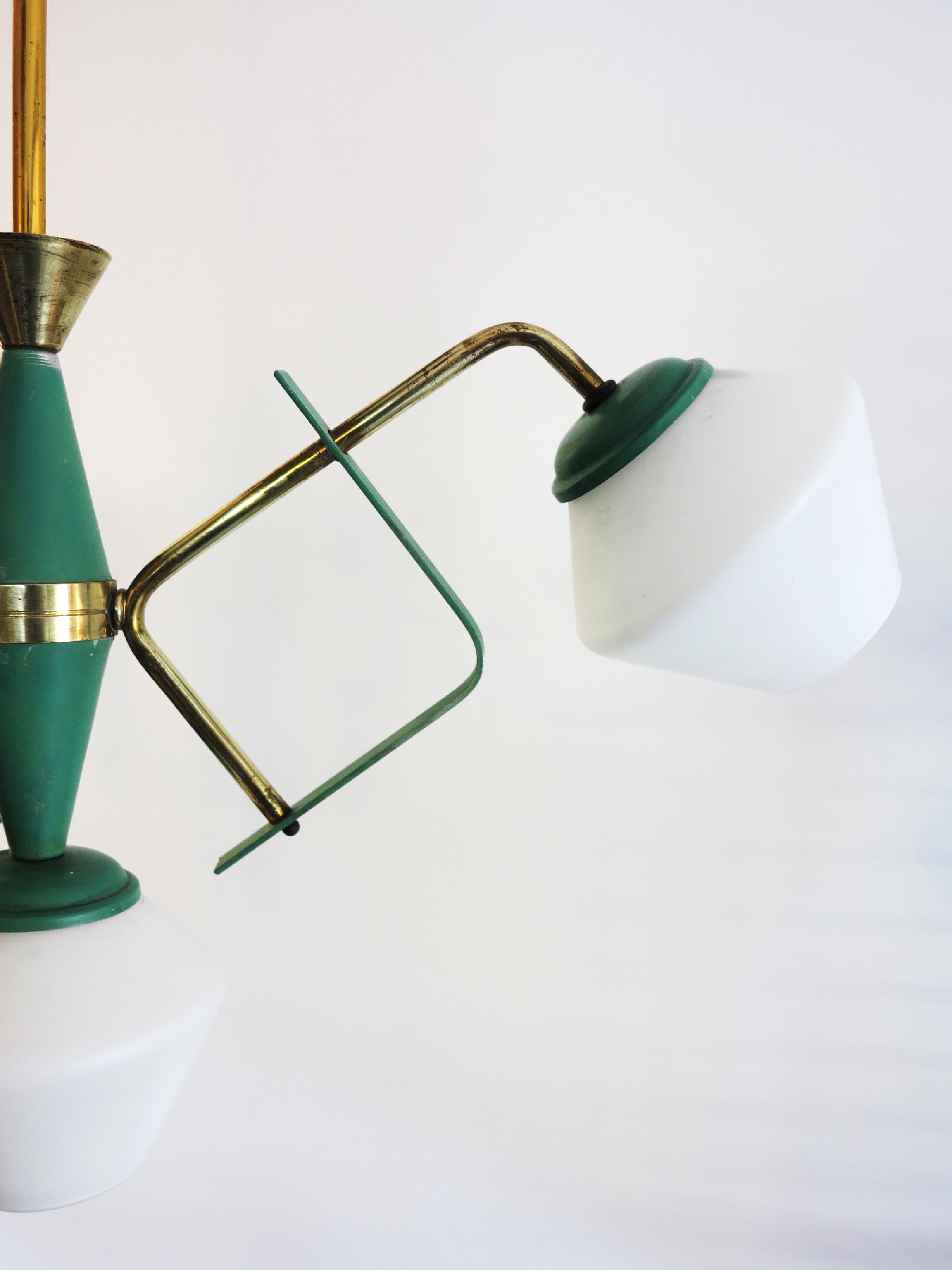 Italian Ceiling Pendant Lamp by Stilnovo in Opaline Glass Green Details & Brass In Good Condition For Sale In Fregene, IT