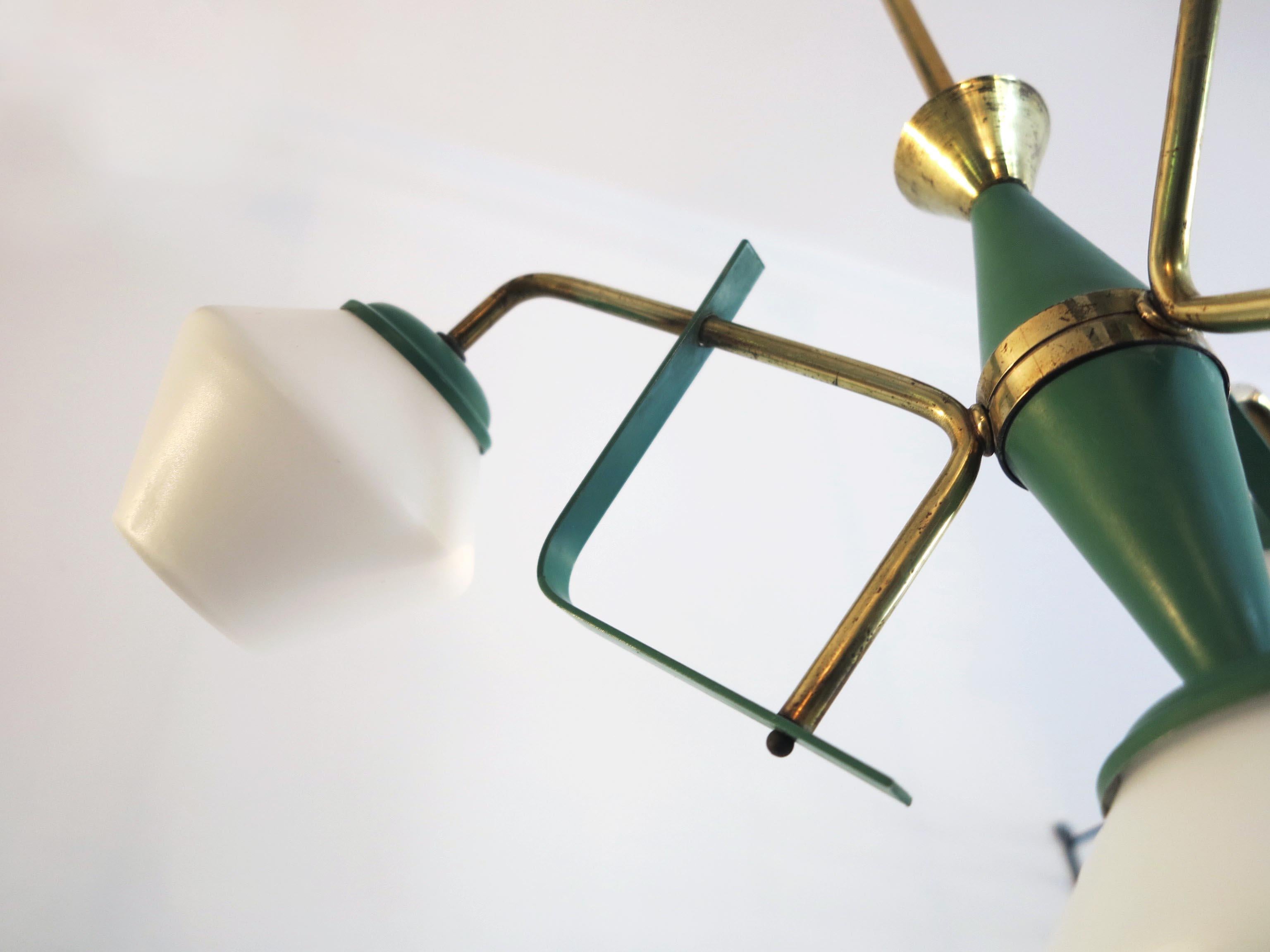 Mid-20th Century Italian Ceiling Pendant Lamp by Stilnovo in Opaline Glass Green Details & Brass For Sale