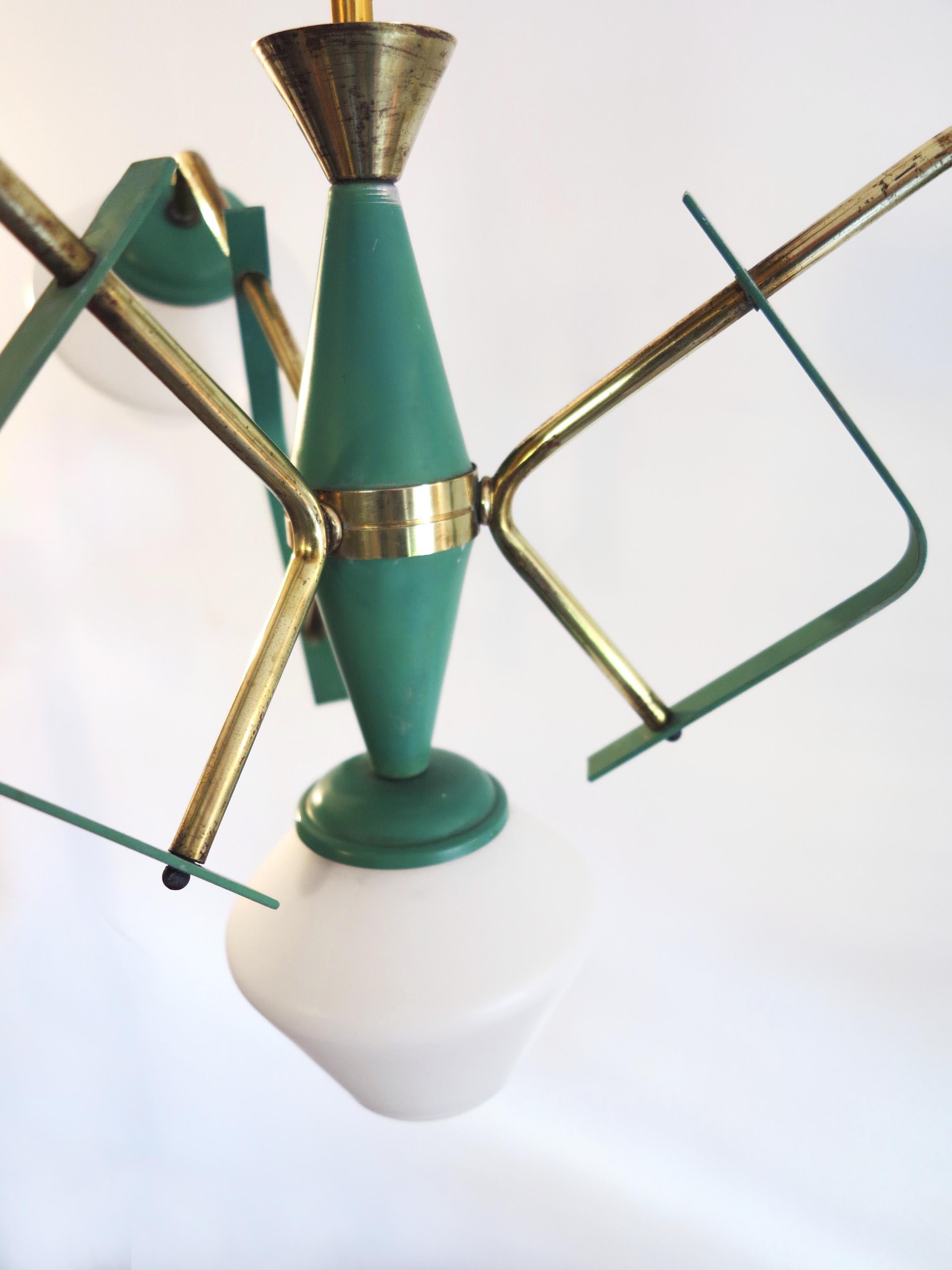 Metal Italian Ceiling Pendant Lamp by Stilnovo in Opaline Glass Green Details & Brass For Sale