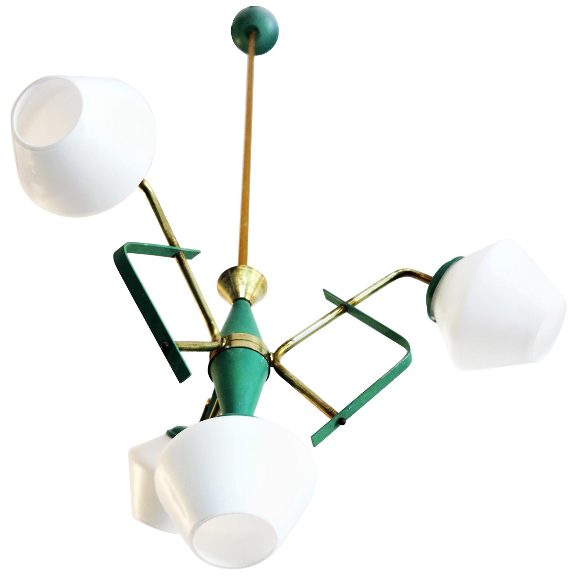 Italian Ceiling Pendant Lamp by Stilnovo in Opaline Glass Green Details & Brass For Sale