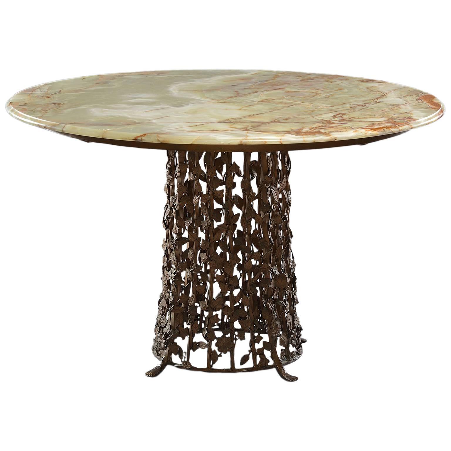 Italian Centre Table with Brass Base of Leaves and Onyx Top