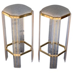 Italian Century Modern Chrome, Lucite and Glass Signed Bar Stools
