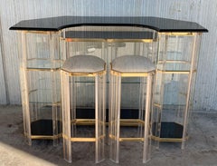Italian Century Modern Chrome, Lucite and Glass Signed Dry Bar with Stools