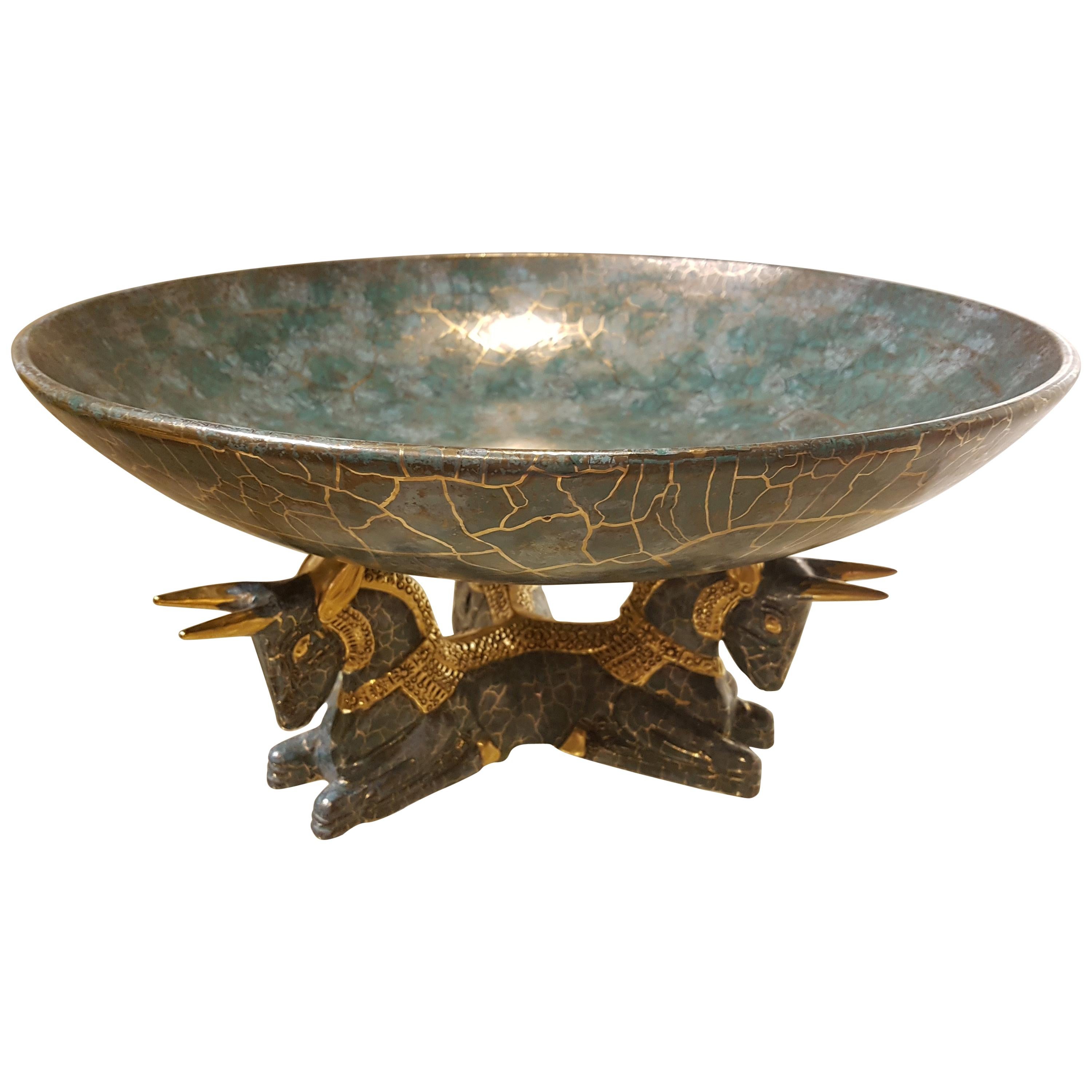 Italian Ceramic and Brass Fruit Bowl, Handmade For Sale