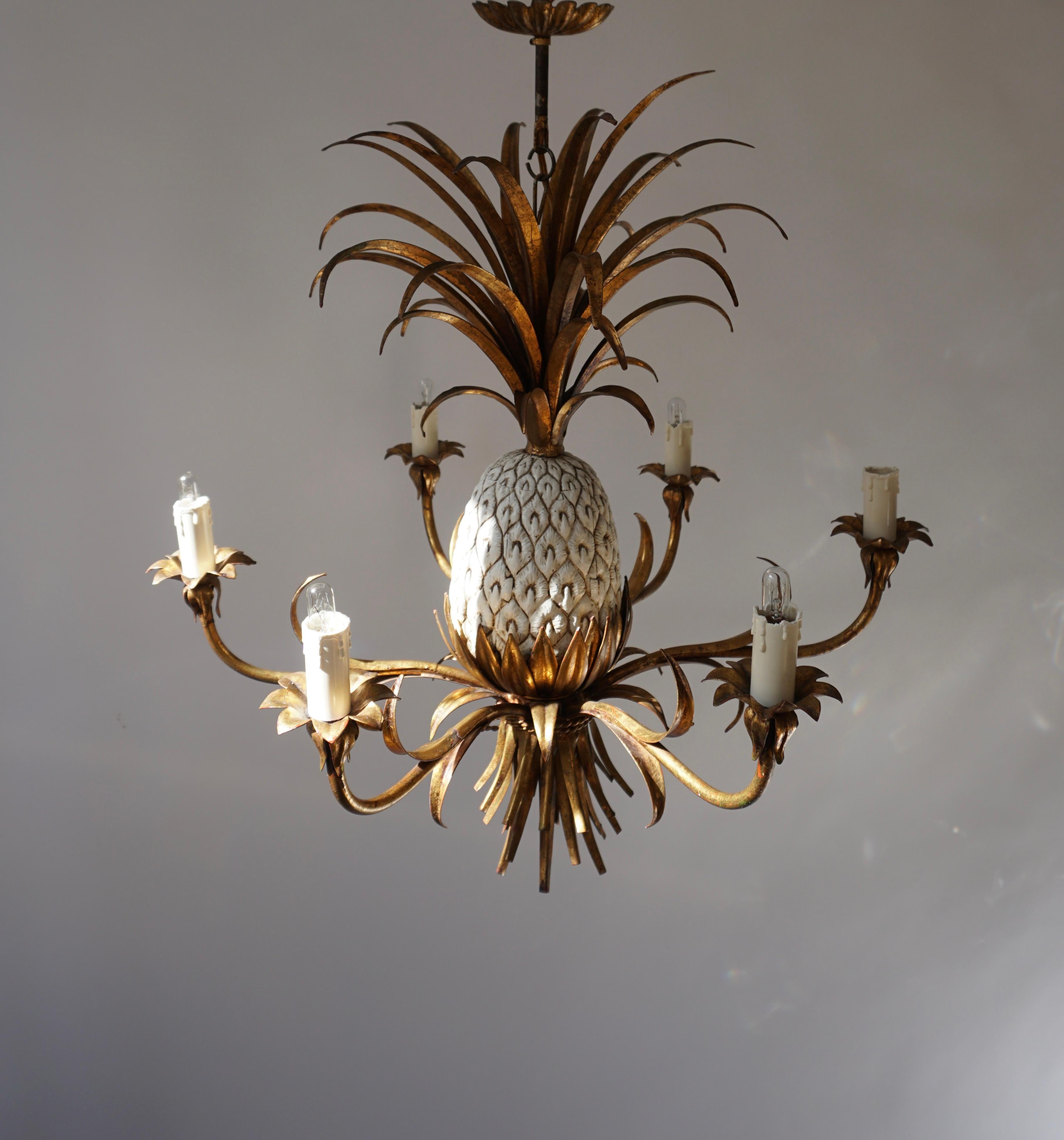 20th Century Italian Ceramic and Brass Pineapple Chandelier, circa 1970s For Sale