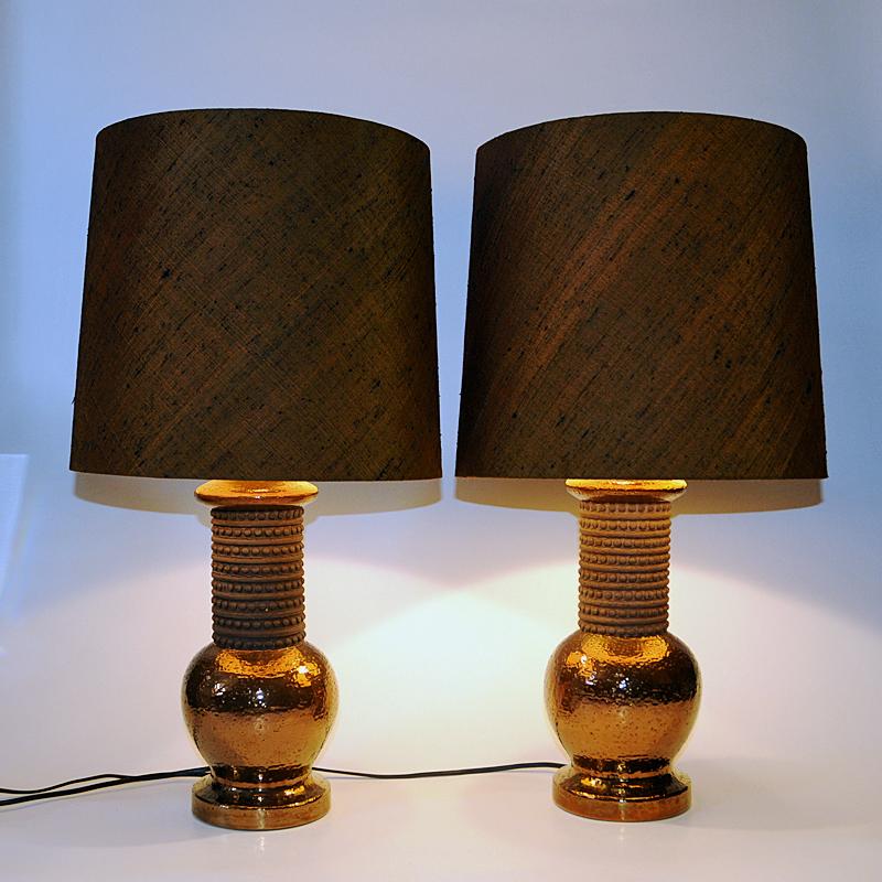 Mid-Century Modern Italian Ceramic and Copper Pair Tablelamps by Bergboms Sweden for Bitossi 1960s