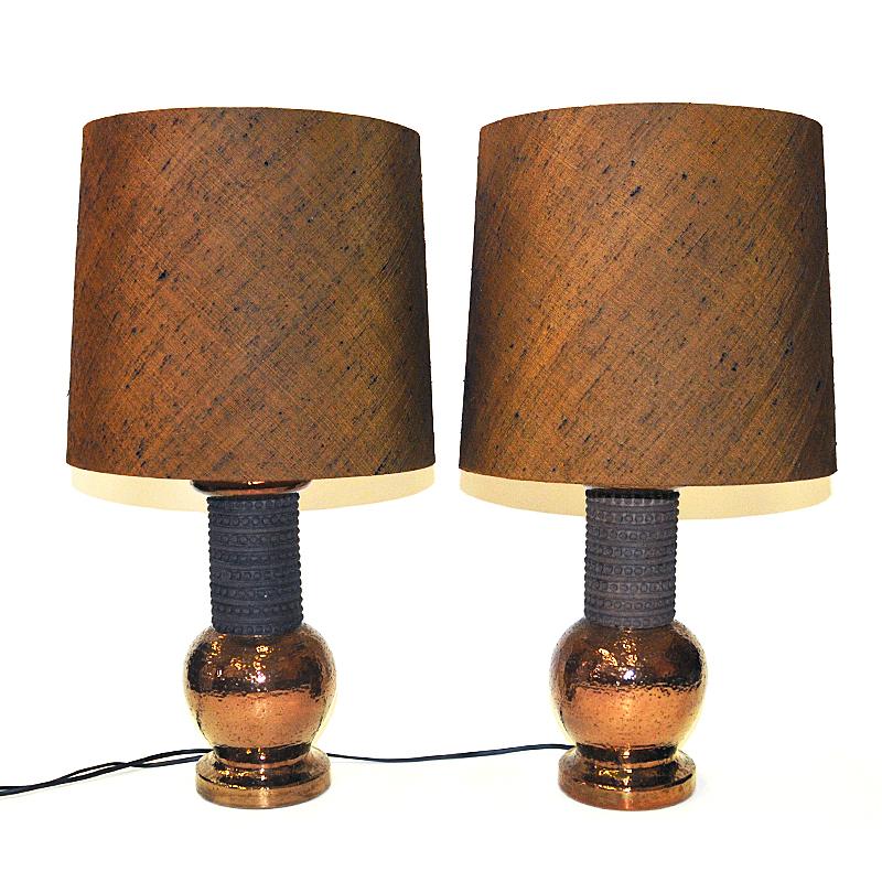 Swedish Italian Ceramic and Copper Pair Tablelamps by Bergboms Sweden for Bitossi 1960s