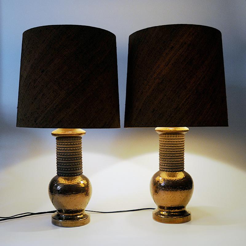 Mid-20th Century Italian Ceramic and Copper Pair Tablelamps by Bergboms Sweden for Bitossi 1960s