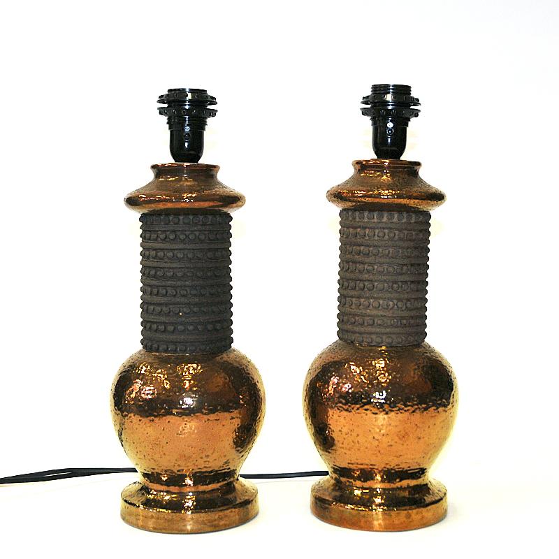 Italian Ceramic and Copper Pair Tablelamps by Bergboms Sweden for Bitossi 1960s 3