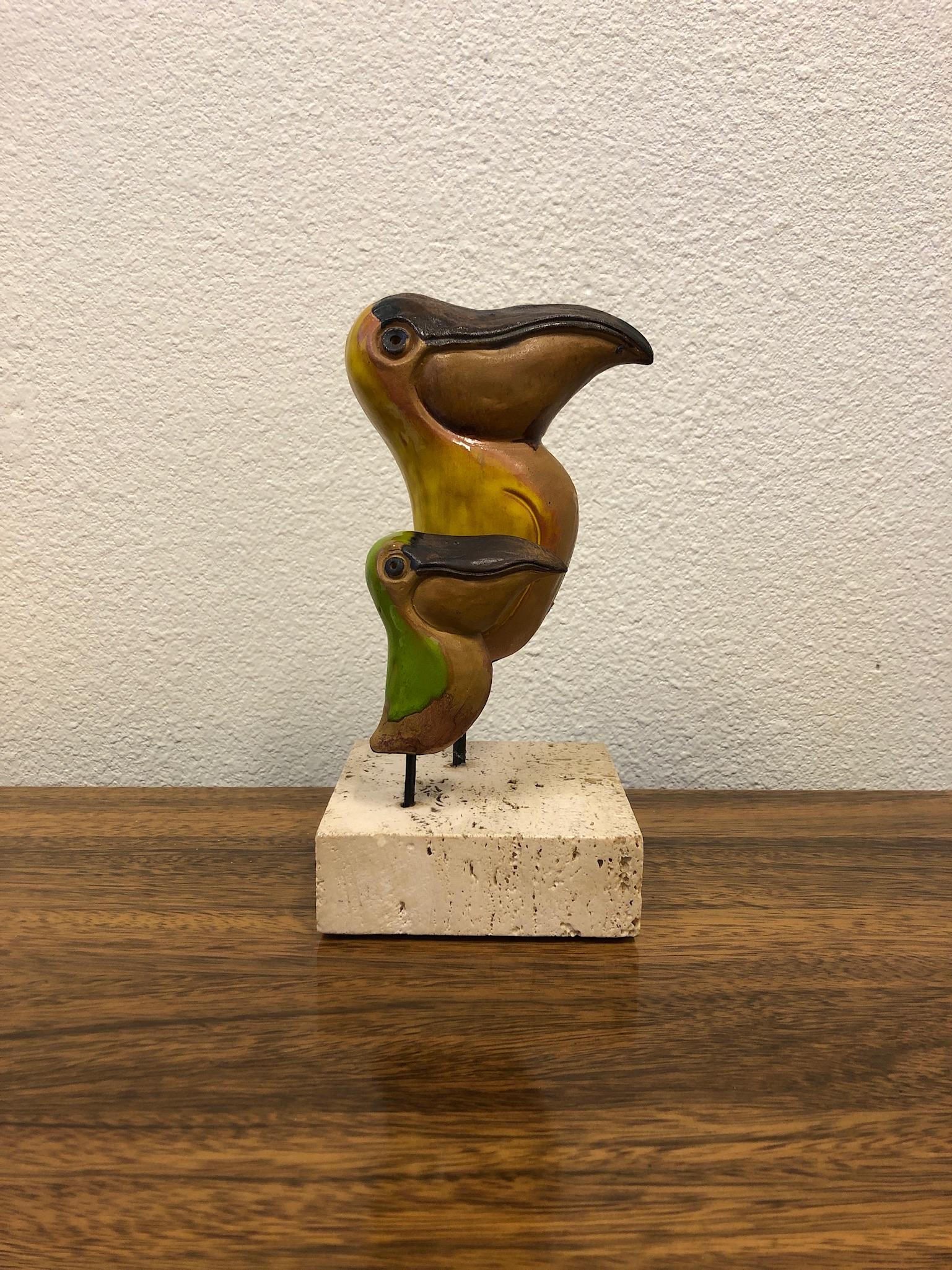 Mid-Century Modern Italian Ceramic and Travertine Pelicans by Gil Etruschi for Raymor
