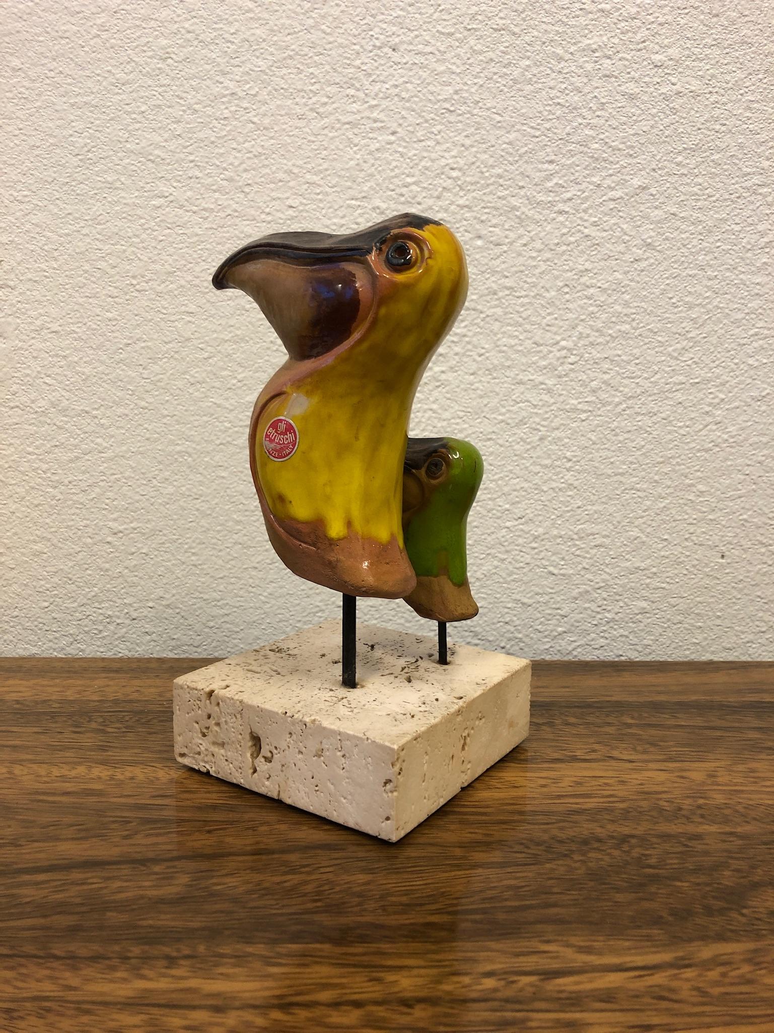 Glazed Italian Ceramic and Travertine Pelicans by Gil Etruschi for Raymor