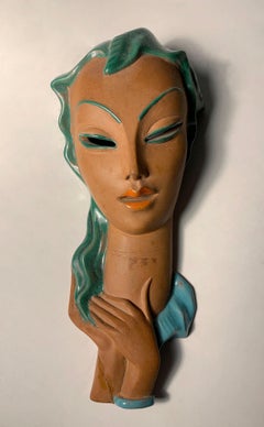 Italian Ceramic Art Deco Hanging Wall Mask manner of Goldsheider