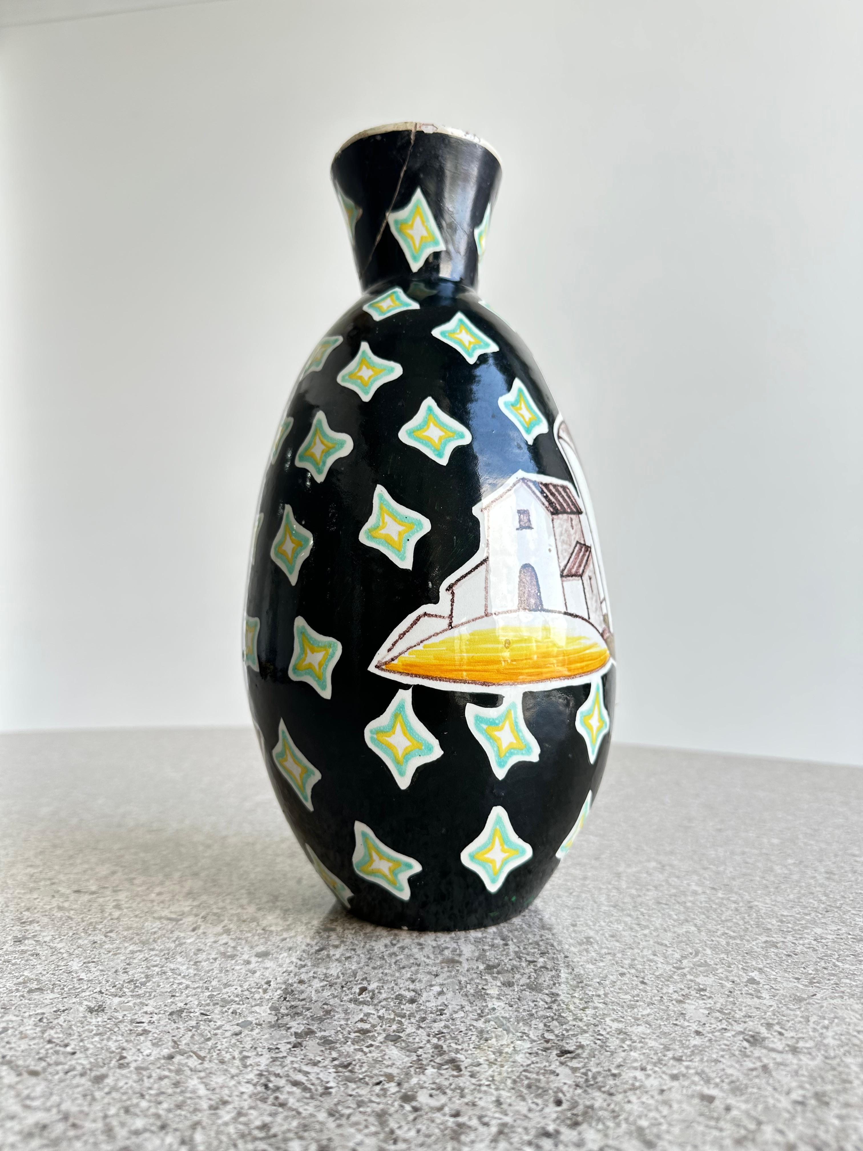 Hand-Painted Italian Ceramic Black Vase by Imola