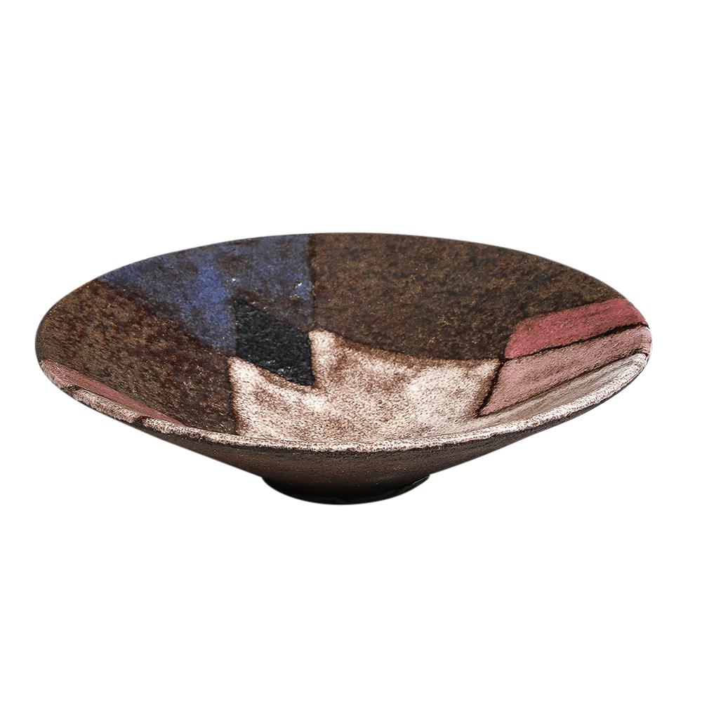 Mid-Century Modern Italian Ceramic Bowl, Abstract, Geometric, White, Blue, Pink, Signed For Sale