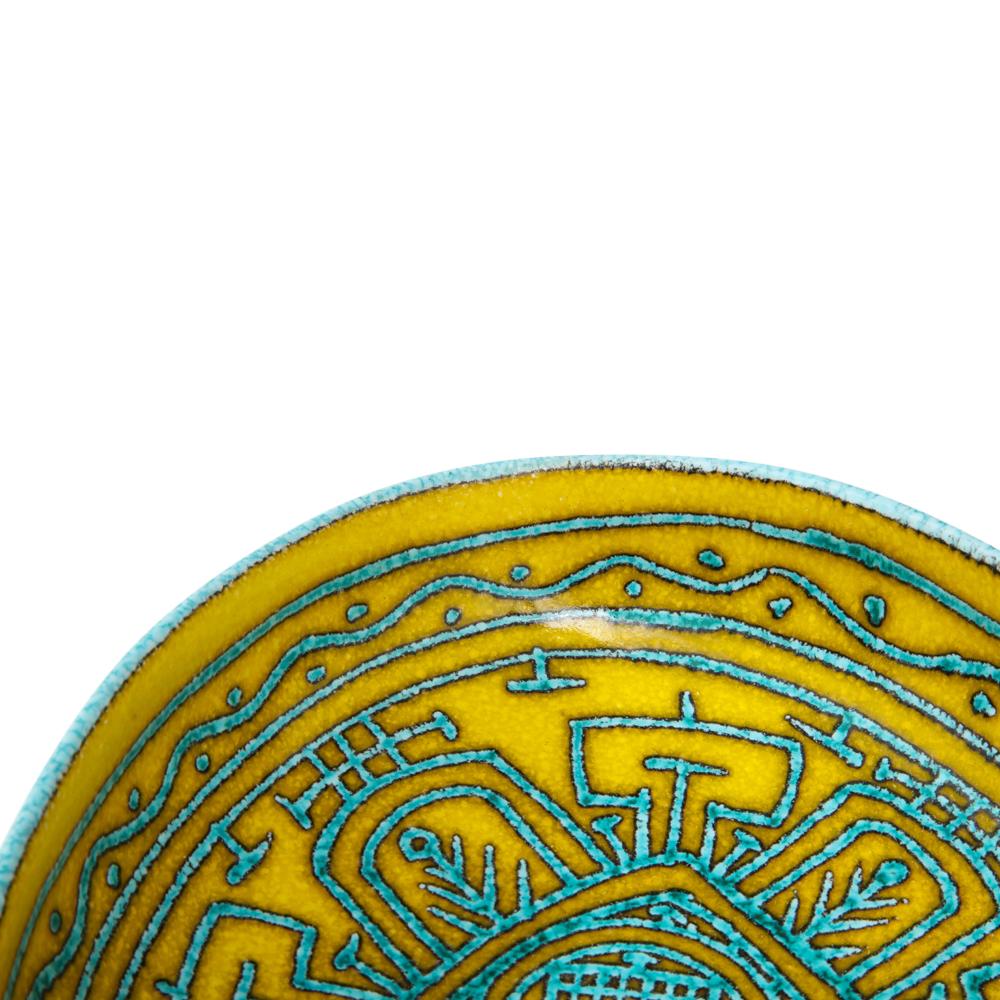 Italian Ceramic Bowl, Abstract, Yellow, Blue, White, Tribal, Signed For Sale 4