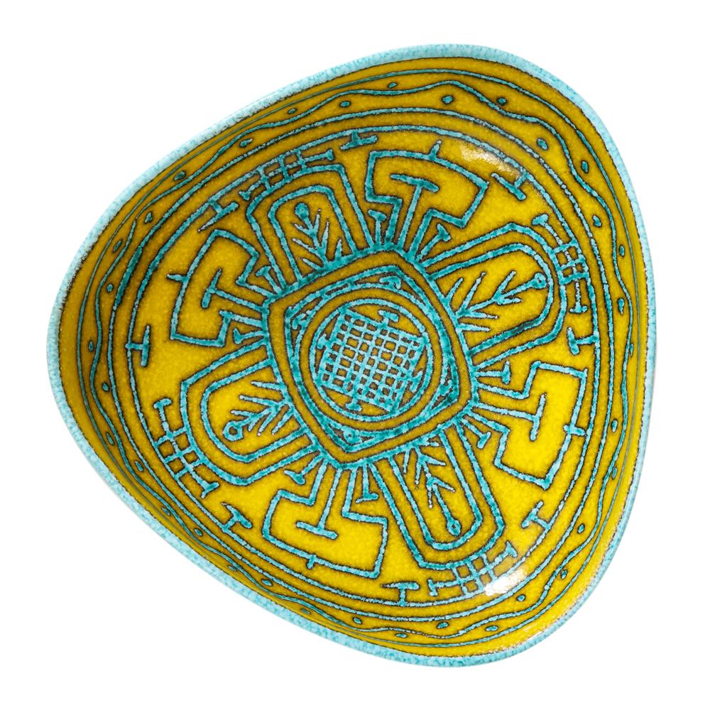 Italian Ceramic Bowl, Abstract, Yellow, Blue, White, Tribal, Signed In Good Condition For Sale In New York, NY