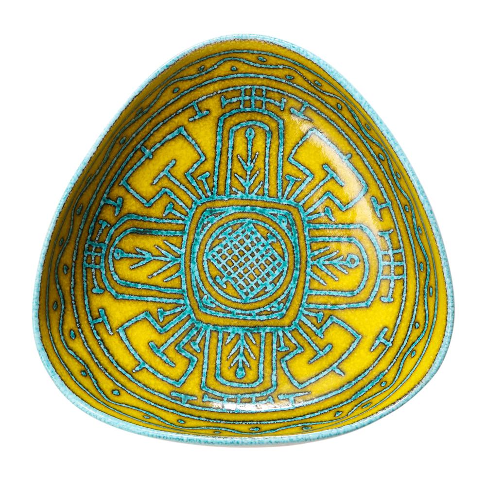 Late 20th Century Italian Ceramic Bowl, Abstract, Yellow, Blue, White, Tribal, Signed For Sale