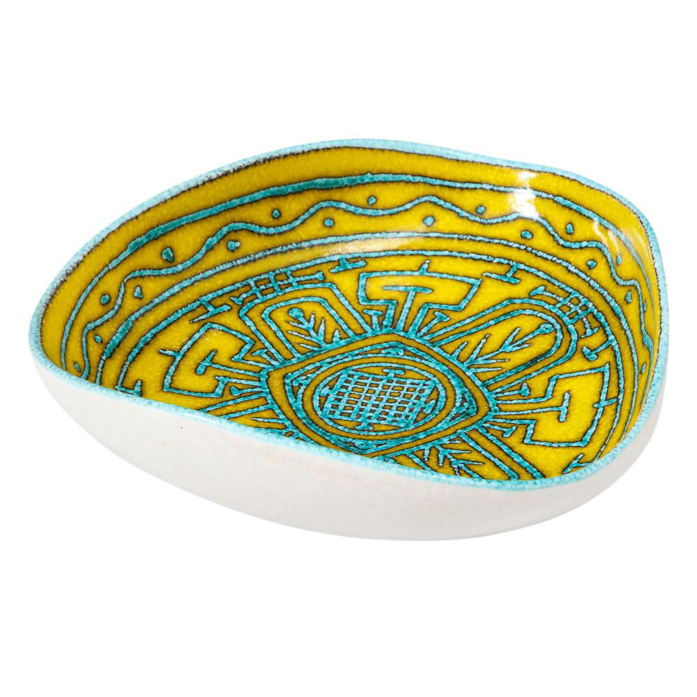 Mid-Century Modern Bol en céramique italienne abstrait, jaune, bleu, blanc, tribal, signé en vente