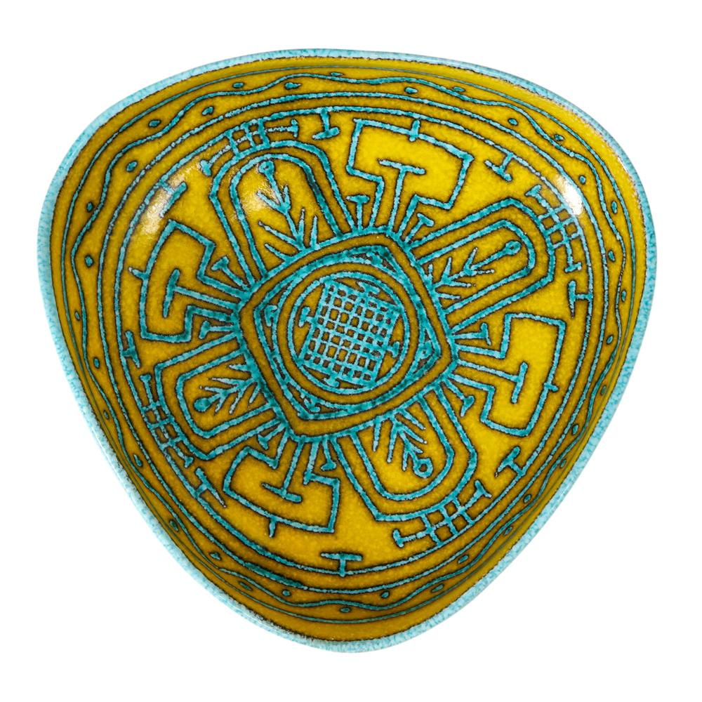 Glazed Italian Ceramic Bowl, Abstract, Yellow, Blue, White, Tribal, Signed For Sale