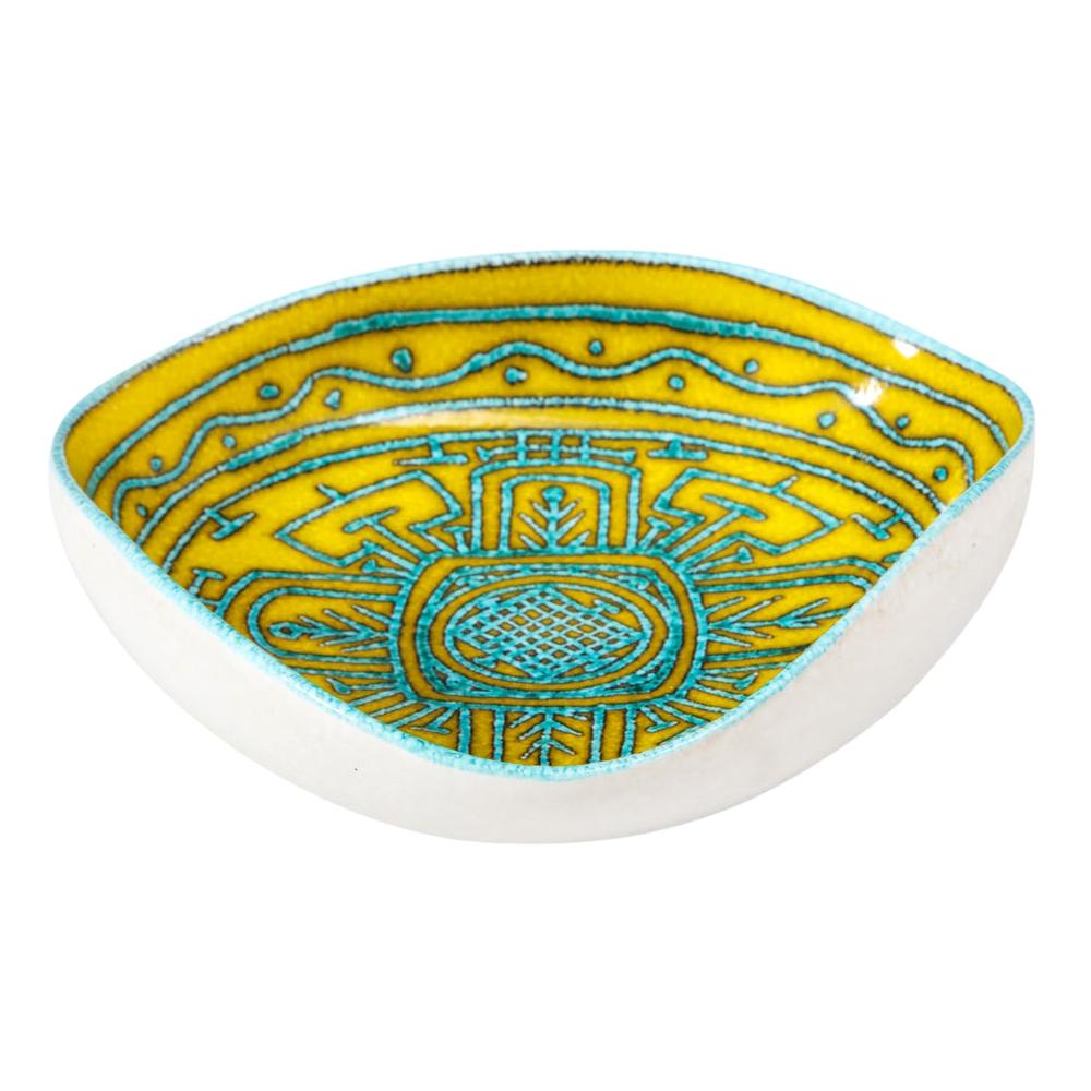 Italienische Keramikschale, abstrakt, gelb, blau, weiß, Stammeskunst, signiert