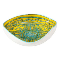 Vintage Italian Ceramic Bowl, Abstract, Yellow, Blue, White, Tribal, Signed