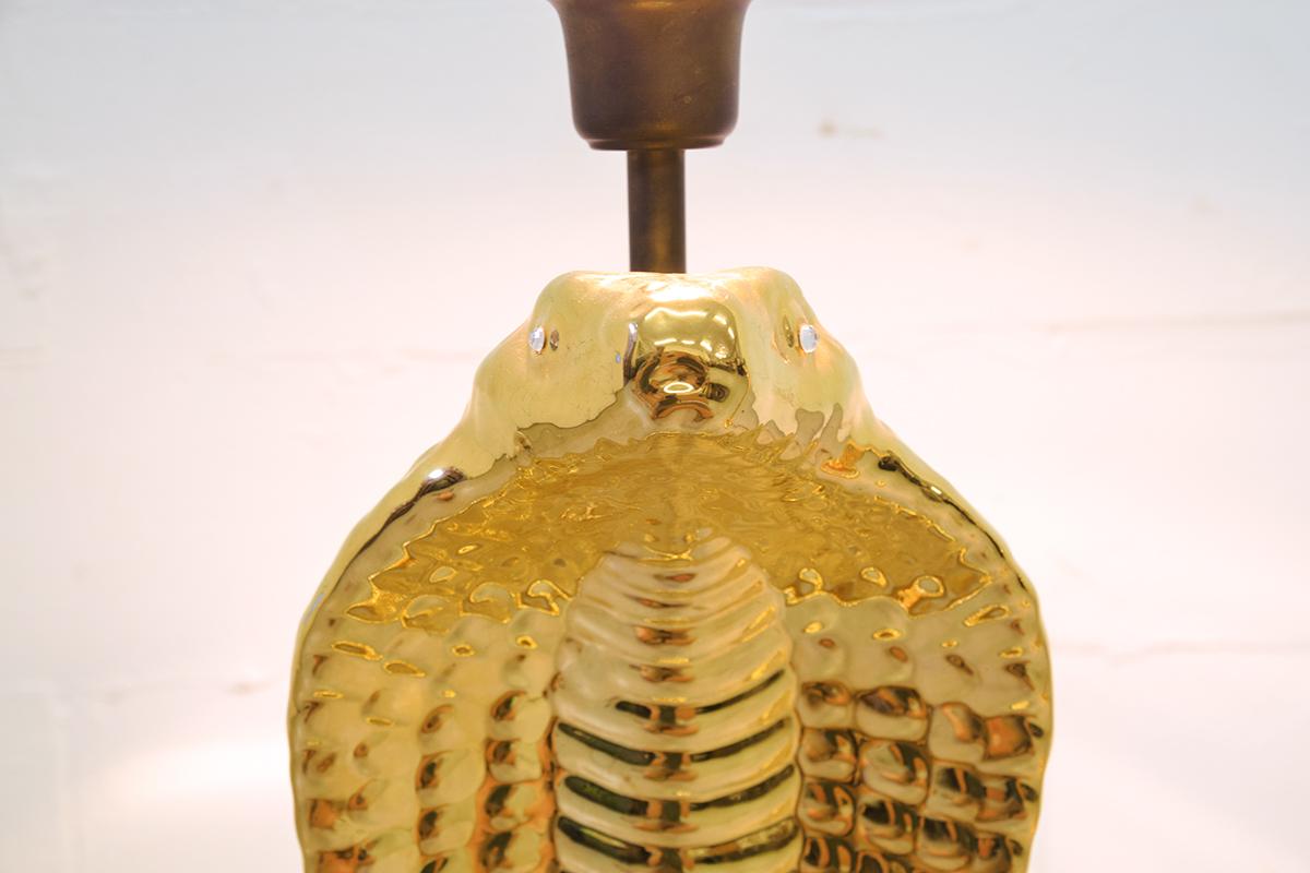Unique and very rare set of two golden ceramic table lamps without shades. Italian made in the 1970s designed by Tommaso Barbi. Very decorative.
   