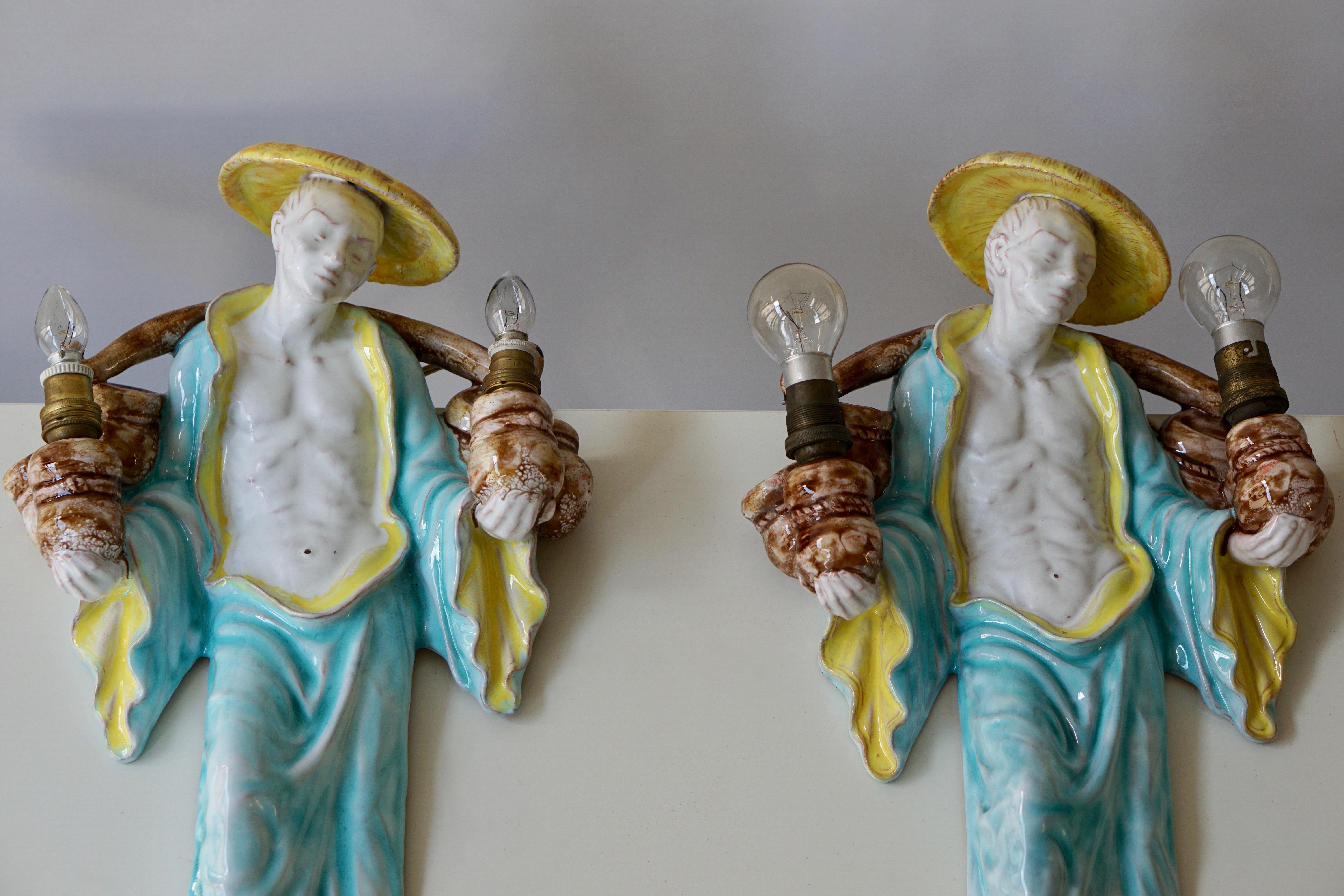 20th Century Italian Ceramic Figural Wall Sconces 