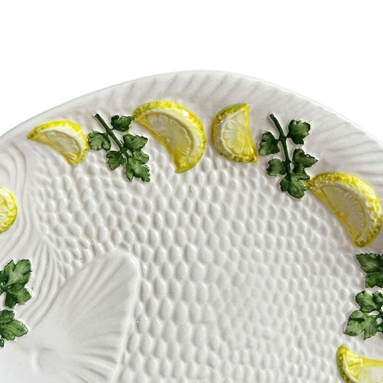 Mid-Century Modern Italian Ceramic Fish Plate with Lemons Limes and Cilantro by Bassano Italy