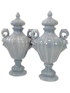 Italian Ceramic Fluted Vase Pair with Handles, Hand-Painted Decorative Art