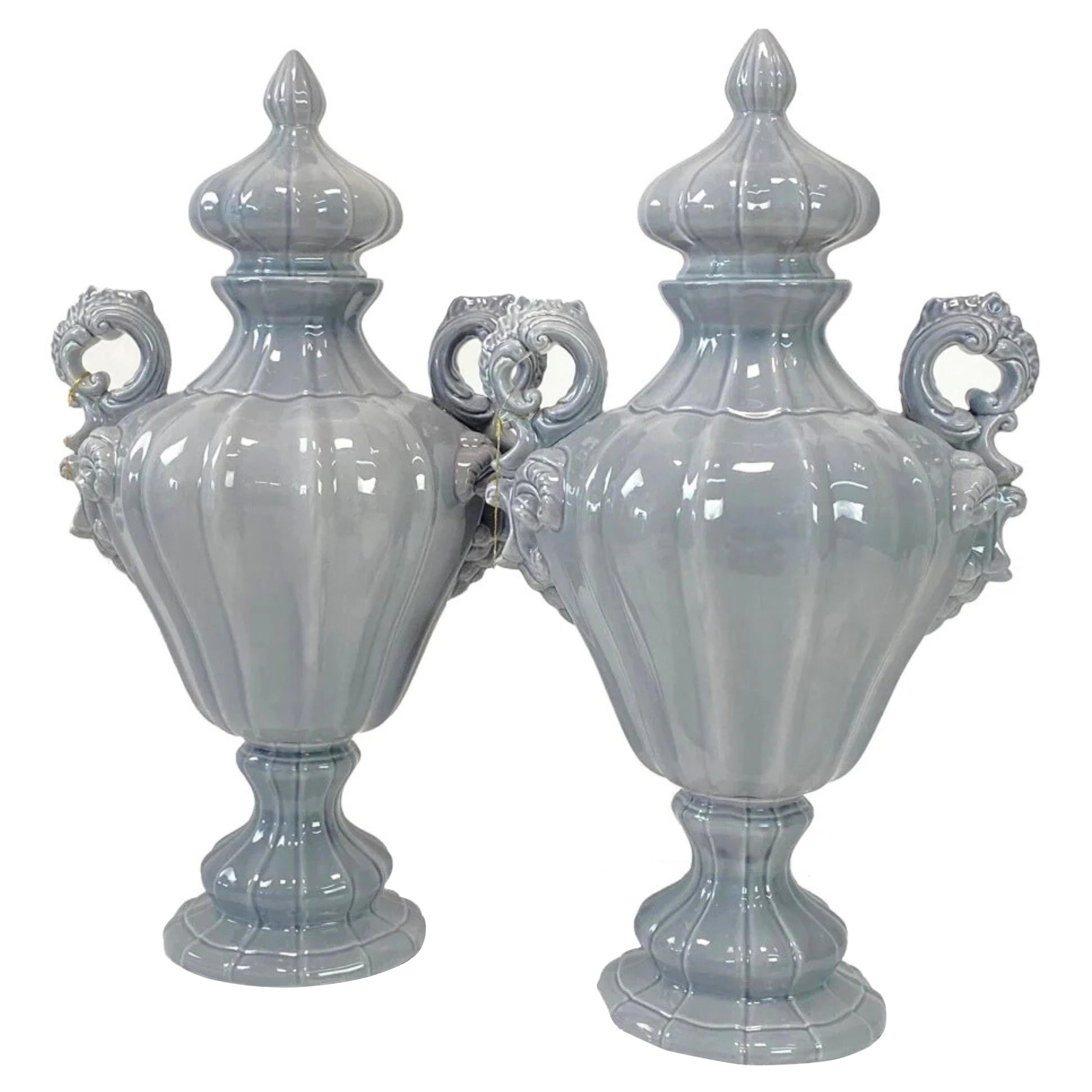 Italian Ceramic Fluted Vase Pair with Handles, Hand-Painted Decorative Art For Sale