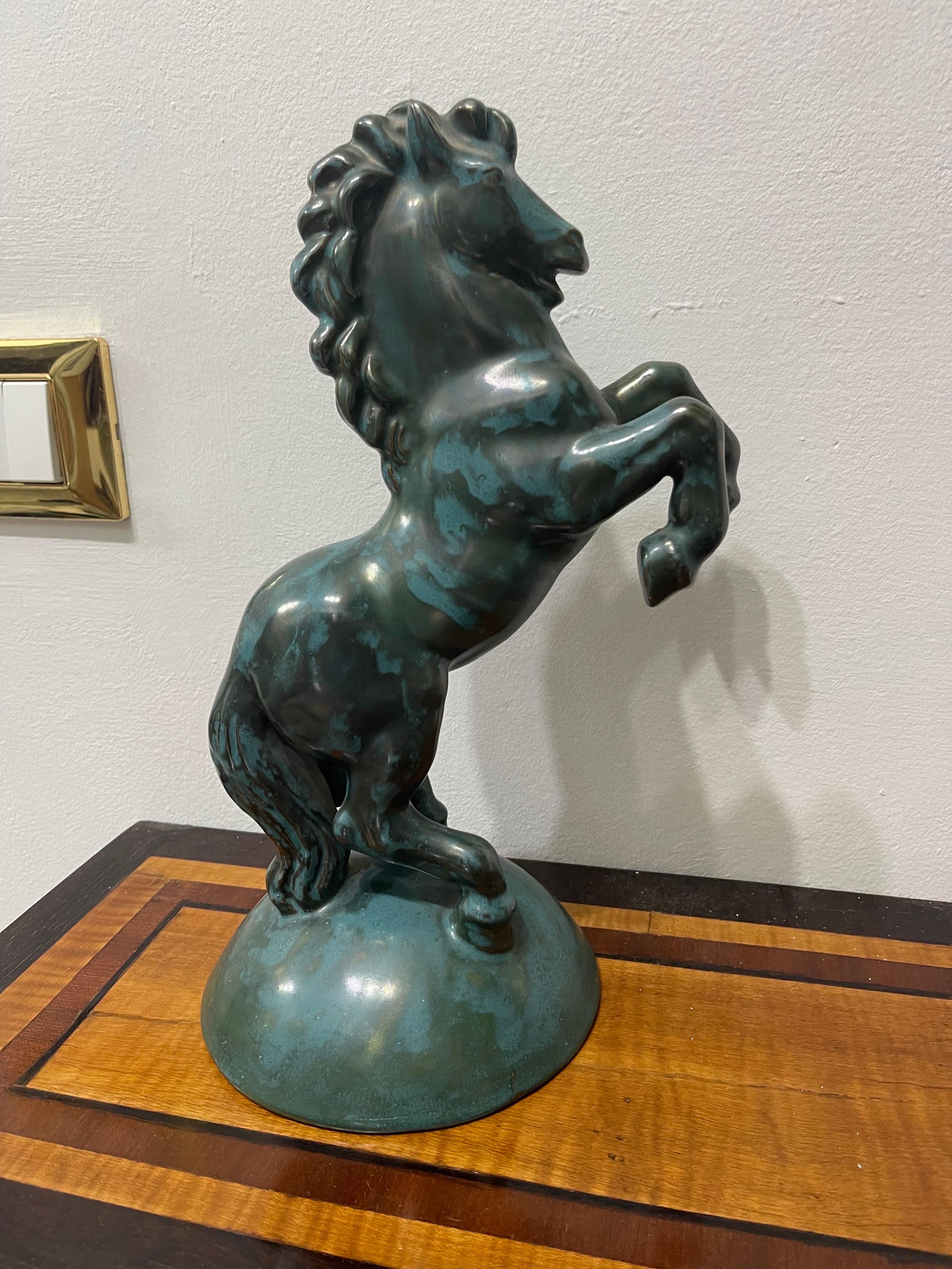 Mid-Century Modern Italian ceramic from 1940 Green glazed horse sculpture Perugia manufacture For Sale