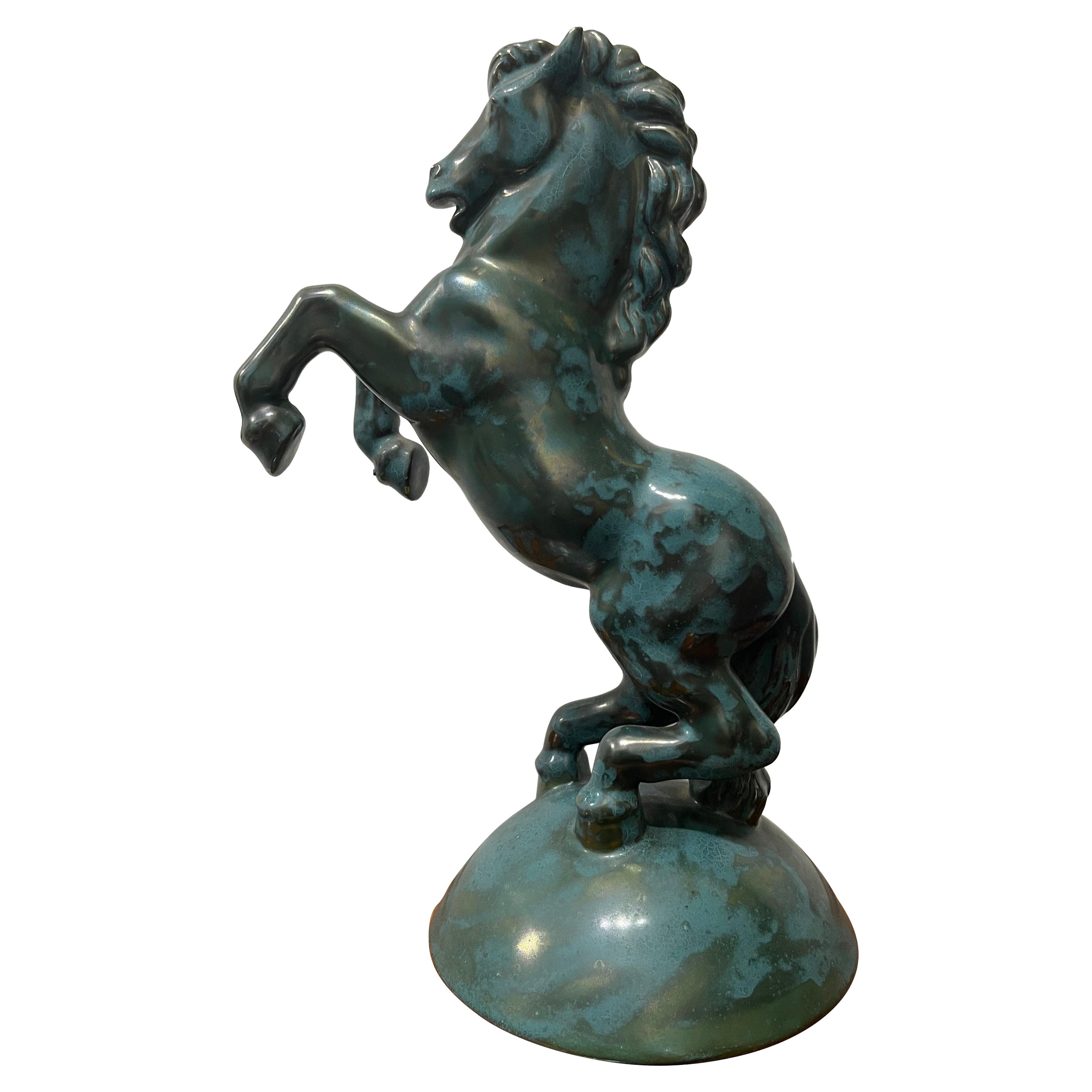 Céramique italienne de 1940 Sculpture de cheval en émail vert Manufacture de Pérouse