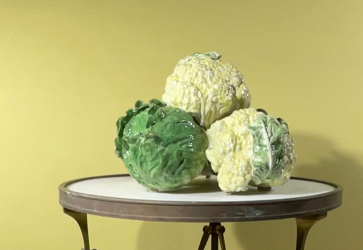 Hand-Crafted Italian Ceramic Green and White Cabbage  And  Cauliflower  For Sale