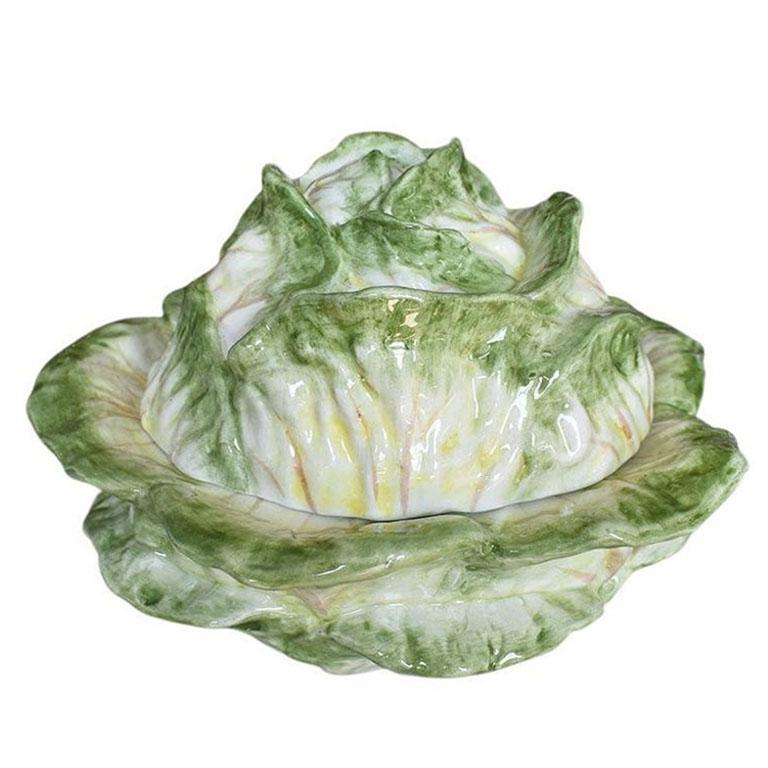 Mid-Century Modern Italian Ceramic Green and White Cabbageware or Lettuceware Covered Bowl, Italy