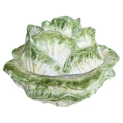 Vintage Italian Ceramic Green and White Cabbageware or Lettuceware Covered Bowl, Italy