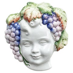 Vintage Italian Ceramic Hand Painted Bacchus God of Wine Bust Head Wall Hanging, Italy