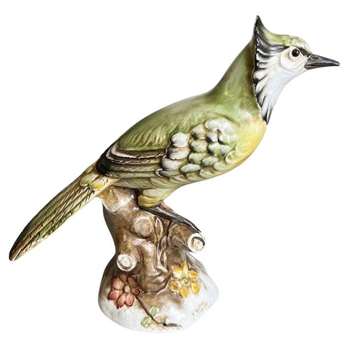 Italian Ceramic Hand Painted Bird Figurine in Green and Yellow - Made in Italy For Sale