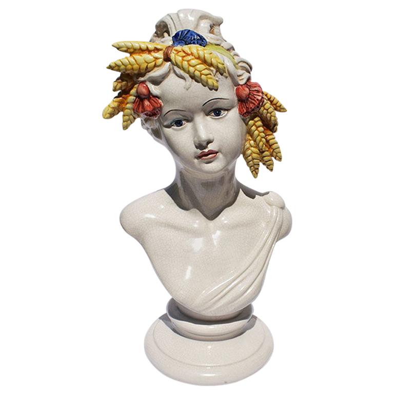 Italian Ceramic Hand Painted Bust of a Woman with Wheat and Tassel Crown