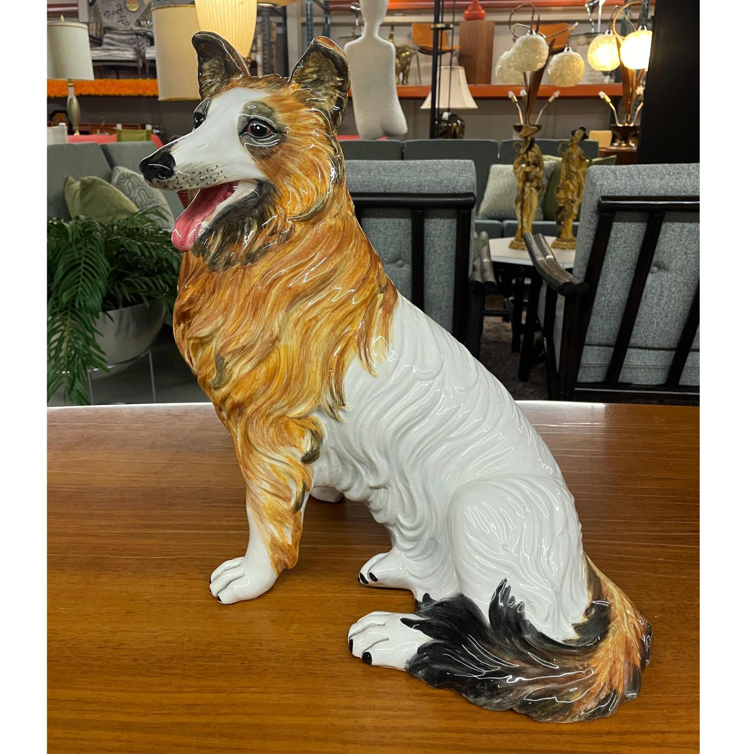 Bohémien Figurina di cane Colli dipinta a mano in ceramica italiana alta 17,5 in vendita