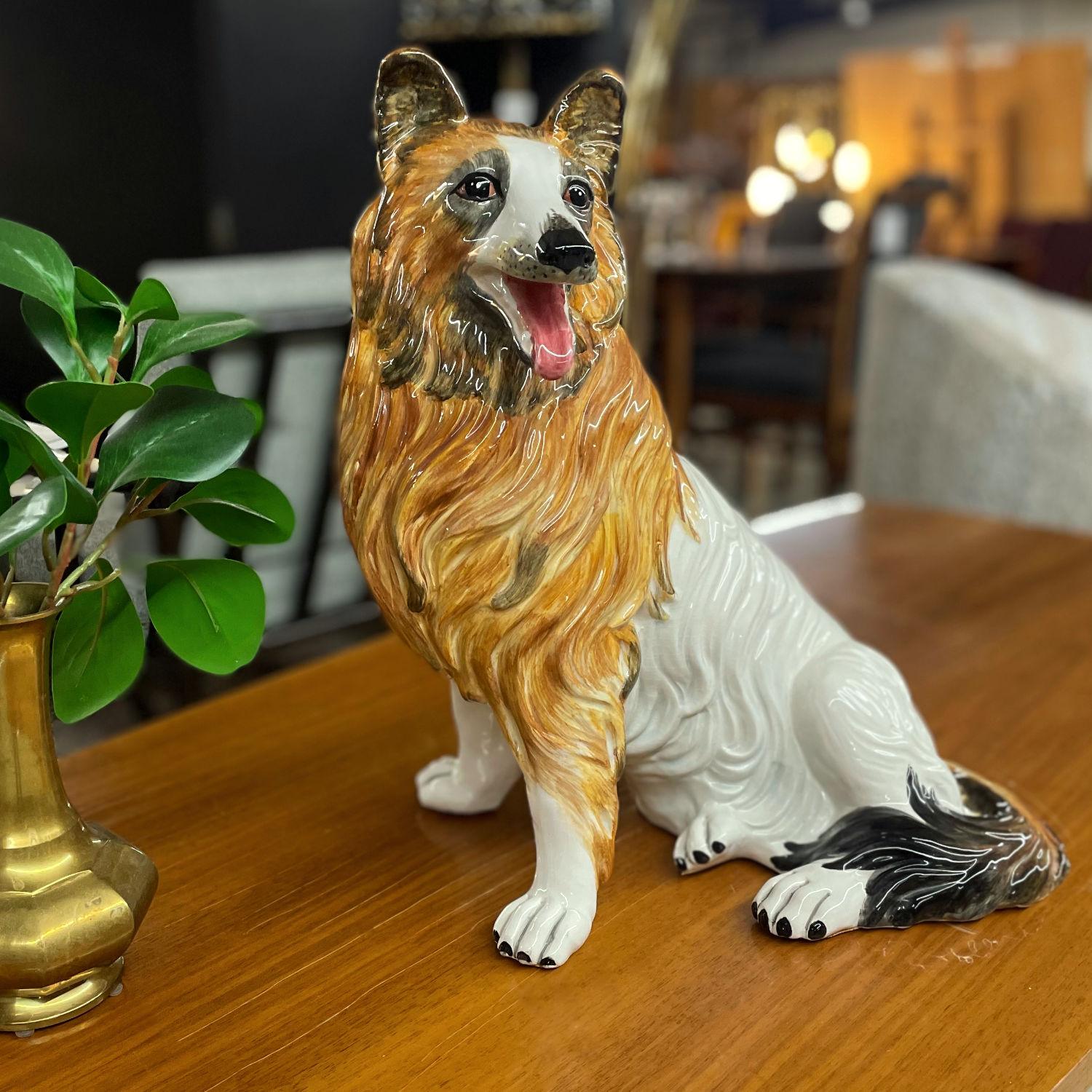 Ceramica Figurina di cane Colli dipinta a mano in ceramica italiana alta 17,5 in vendita