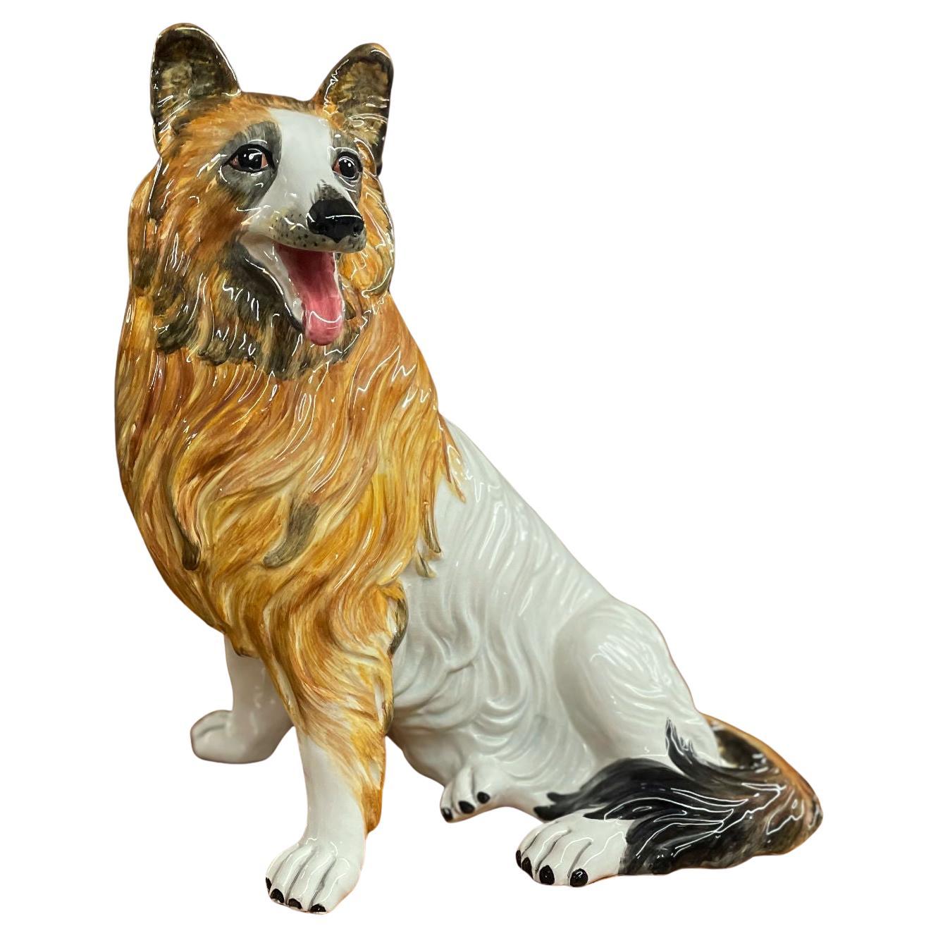 Figurina di cane Colli dipinta a mano in ceramica italiana alta 17,5 in vendita