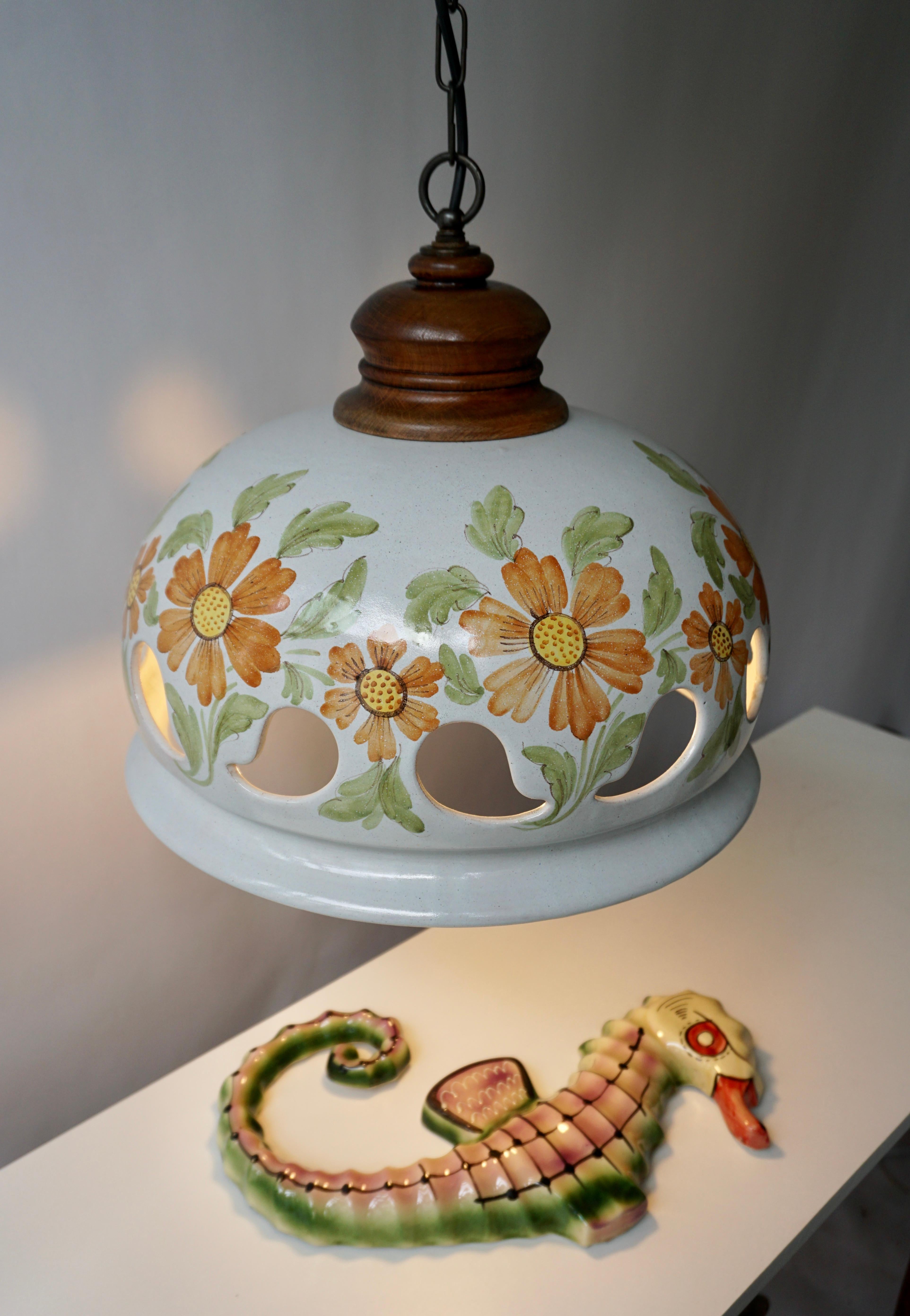 Hollywood Regency Italian Ceramic Lamp with Flower Decoration, 1970s For Sale