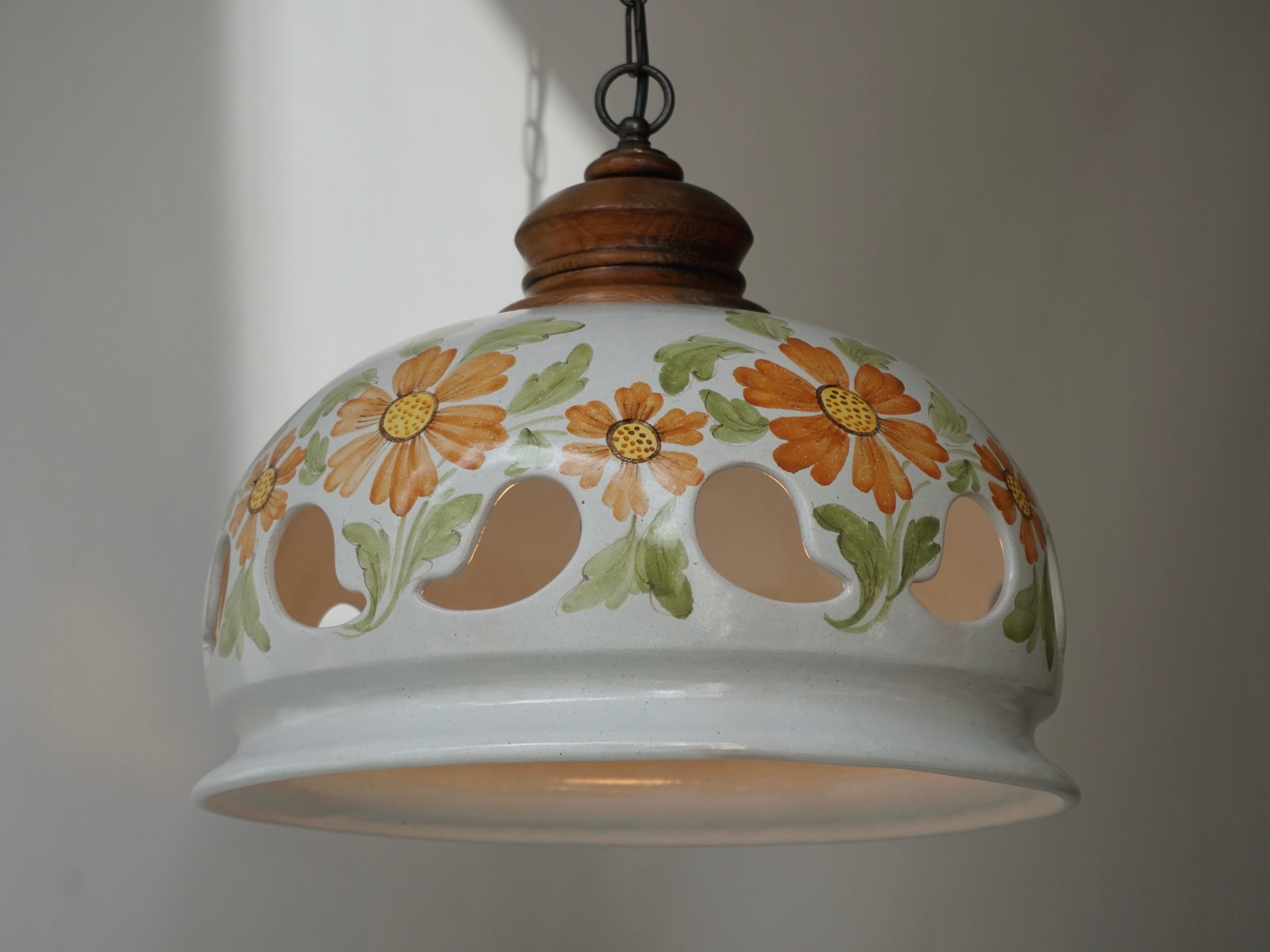 Hand-Painted Italian Ceramic Lamp with Flower Decoration, 1970s For Sale