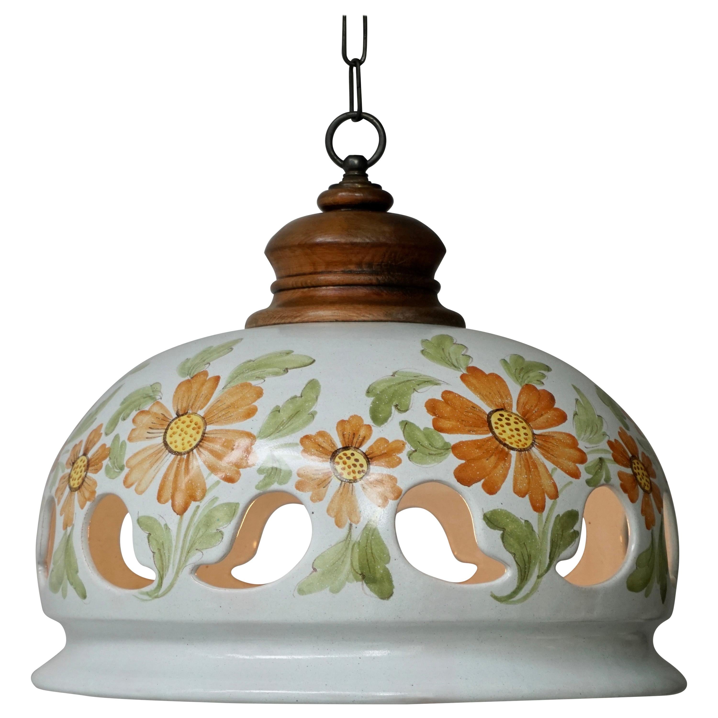 Italian Ceramic Lamp with Flower Decoration, 1970s For Sale