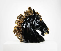Italian Ceramic Large Black Stallion Horse Head Sculpture 1990s