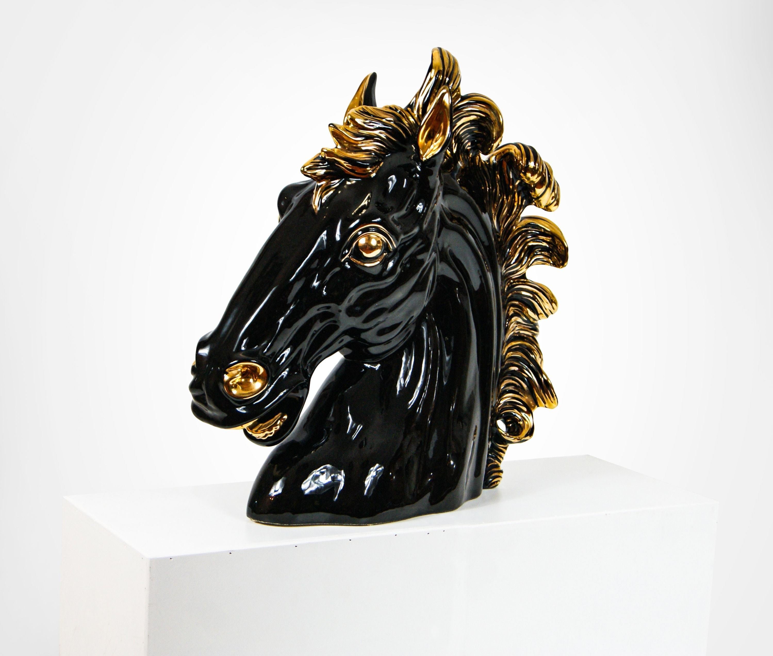 Rococo Italian Ceramic Large Black Stallion Horse Head Sculpture 1990s For Sale